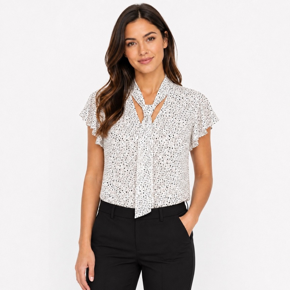 Adrianna Papell Blouse M White Black Polka Dot Tie Neck Flutter Sleeve Top
